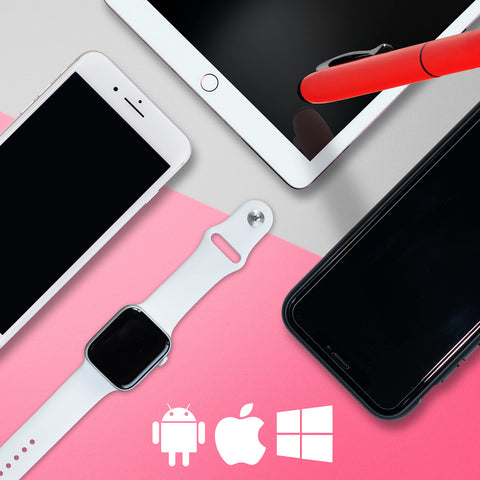 Duronic Stylus Pens with Apple devices and tech logos featuring a white iPhone, iPad, and smartwatch.