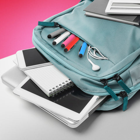 Duronic Stylus Pens with a tablet, spiral notebook, laptop, and white earphones.