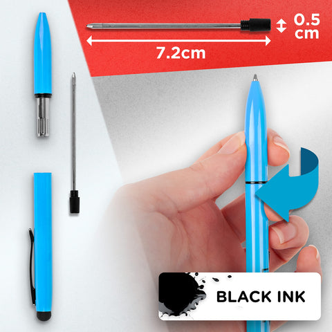 Duronic Stylus Pens with black ink shown disassembled alongside its $7.2\text{ cm}$ metal ink refill.
