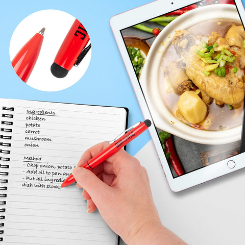 Duronic Stylus Pens writing a chicken recipe in a notebook next to a digital tablet.