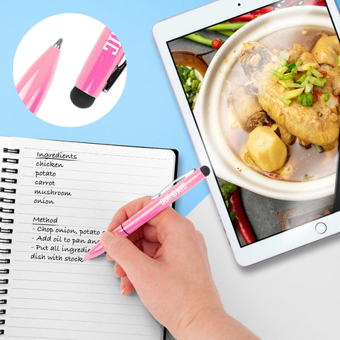 Duronic Stylus Pens writing in a notebook next to a digital tablet recipe.