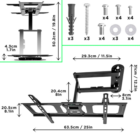 Duronic TVB109M TV Bracket with dimensions and included hardware pieces.