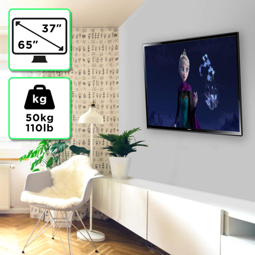 Duronic TV Bracket showcasing screen size range (37"-65") and weight capacity (50kg/110lb) for home entertainment setups.