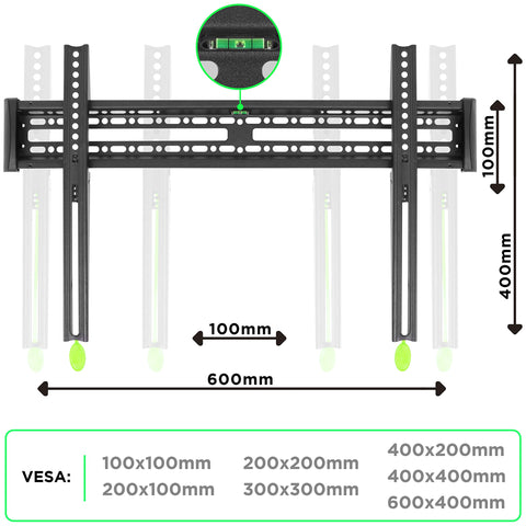 Duronic TV Bracket showing VESA compatibility sizes from 100x100mm to 600x400mm with built-in level.