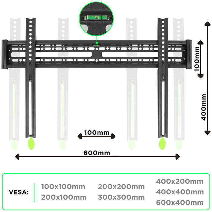 Duronic TV Bracket showing VESA compatibility sizes from 100x100mm to 600x400mm with built-in level.