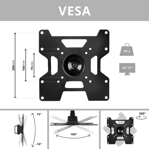 Duronic  TV Bracket showing dimensions, 25kg weight capacity, and multi-angle tilt adjustments.