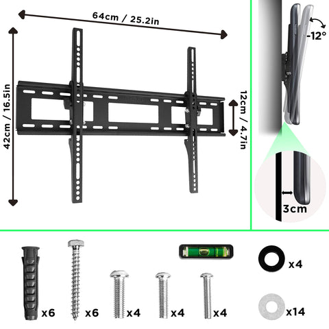 Duronic TV Bracket showing dimensions, mounting hardware, bubble level, and tilt angle.