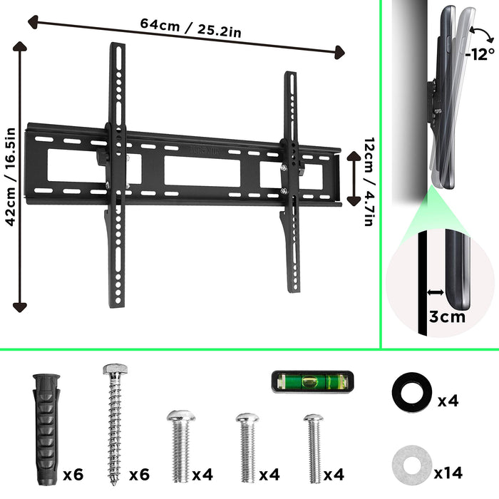 Duronic TV Bracket showing dimensions, mounting hardware, bubble level, and tilt angle.