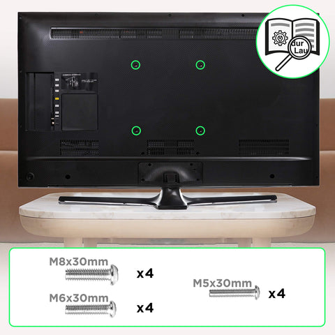 Duronic TV Bracket showing four VESA mount holes and M8, M6, M5 screw options.
