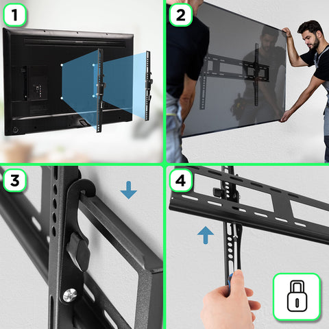 Duronic TV Bracket showing how to attach brackets, mount, and lock a TV onto a wall.