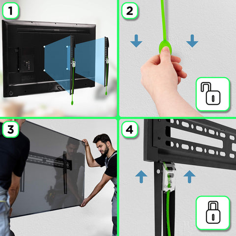Duronic TV Bracket showing how to attach brackets, pull release cords, and securely mount a TV.
