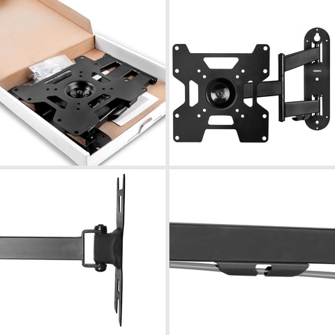 Duronic  TV Bracket showing product features, packaging, and cable management clip.