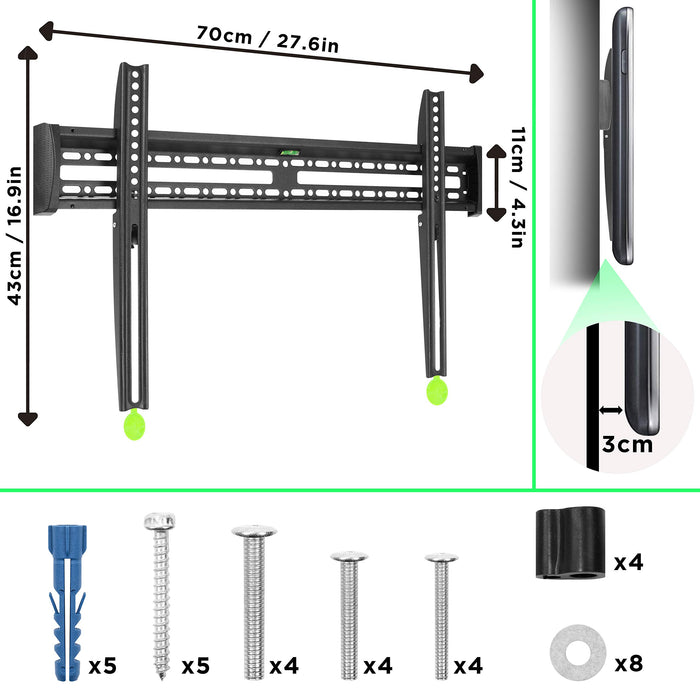 Duronic TV Bracket with hardware kit, including screws, anchors, spacers, and washers.