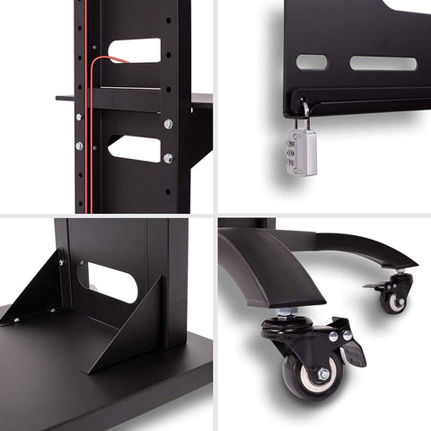 Duronic TV Mount Stand Bracket showing cable management, padlock lock, sturdy base, and locking wheels of TV stand.