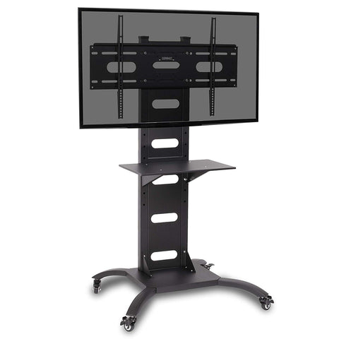 Duronic TV Mount Stand Bracket with adjustable shelf and lockable wheels holding a flat-screen display.