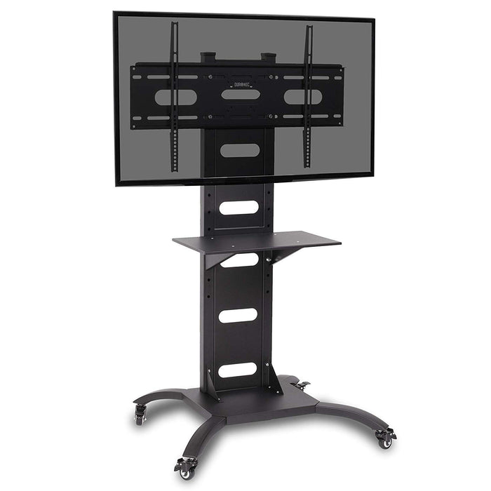 Duronic TV Mount Stand Bracket with adjustable shelf and lockable wheels holding a flat-screen display.