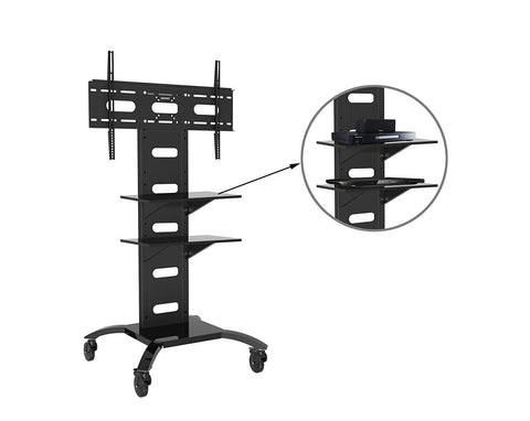 Duronic TV Stand Shelf featuring a mounting bracket, dual AV shelves, and rolling caster wheels.