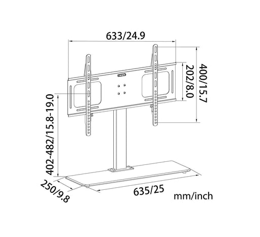 Duronic TV Stand for Desk with specific dimensions labeled in millimeters and inches.