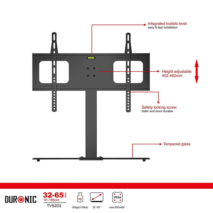 Duronic TV Stand for Desk with tempered glass base for 32 to 65-inch screens.