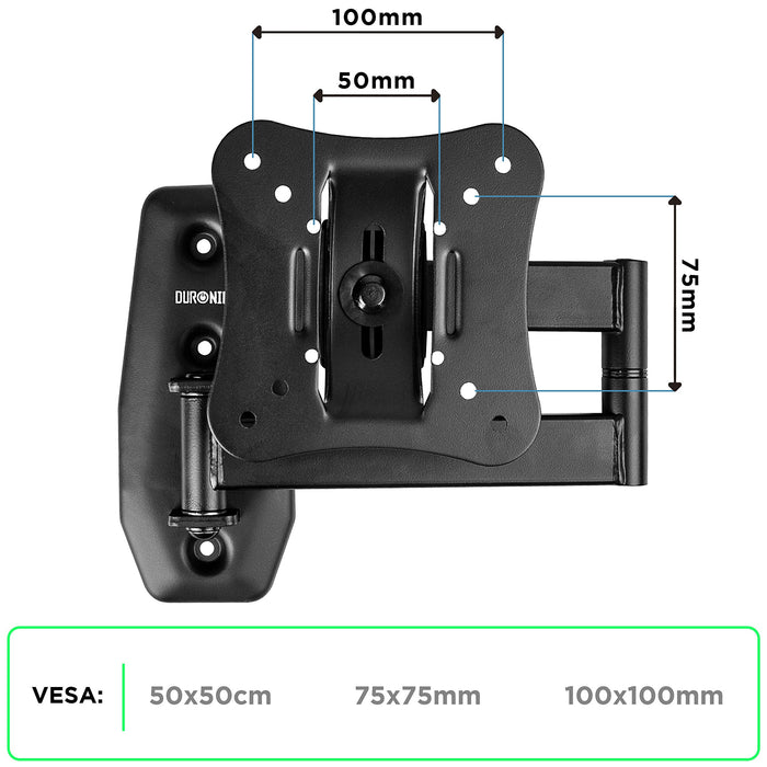 Duronic TV Wall Bracket Mount displaying VESA hole measurements: 50mm, 75mm, and 100mm.