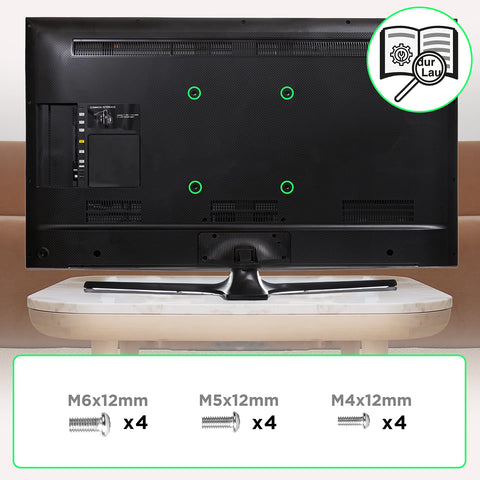 Duronic TV Wall Bracket Mount showing four VESA mounting holes with M6, M5, and M4 screws below