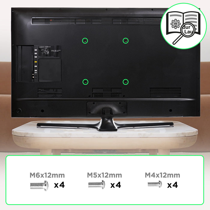 Duronic TV Wall Bracket Mount showing four VESA mounting holes with M6, M5, and M4 screws below