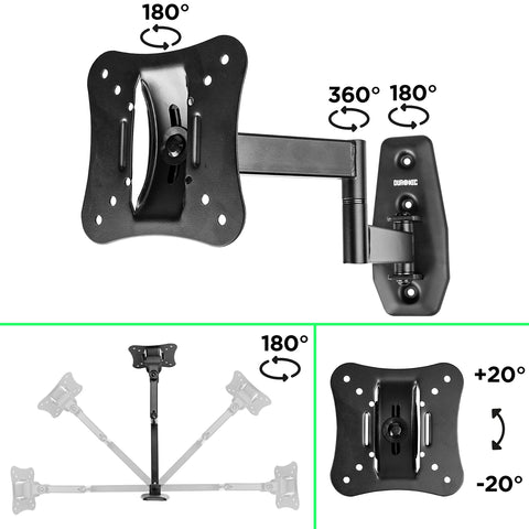 Duronic TV Wall Bracket Mount showing full-motion articulation, swivel joints, and tilting VESA plate