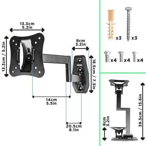 Duronic TV Wall Bracket Mount with dimensions and installation hardware including screws and anchors.