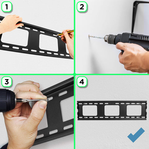 Duronic TV Wall Bracket showing four steps to drill and install a black metal TV wall mount bracket.