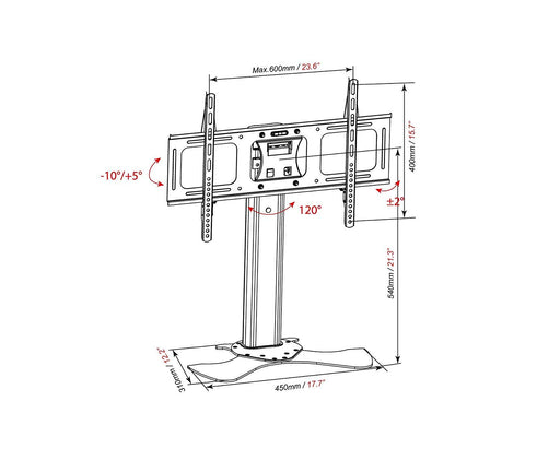 Duronic TV Wall Mount Stand showing dimensions and adjustments of a swiveling table-top TV stand mount