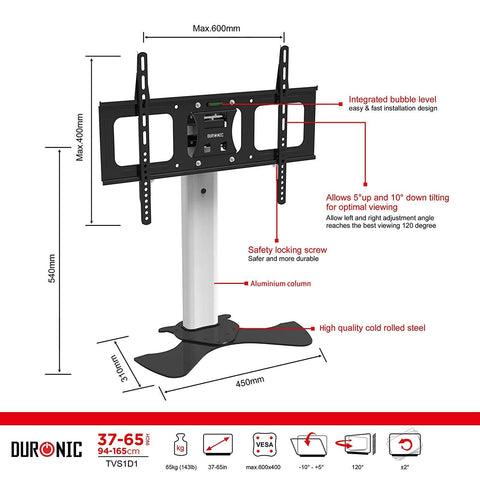 Duronic TV Wall Mount Stand with dimensions, adjustable tilting angles, and maximum 65kg weight capacity.