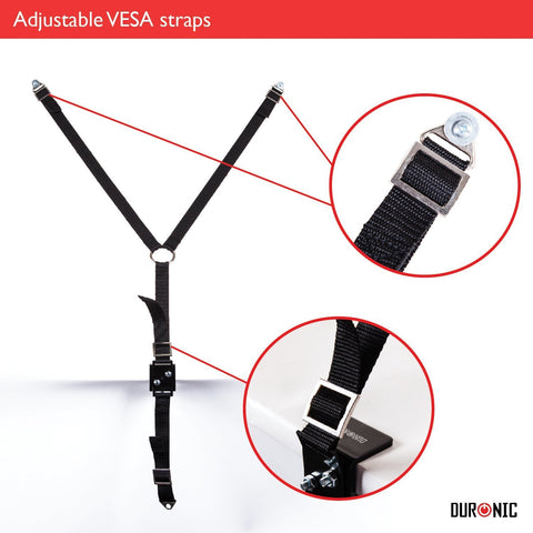 Duronic TV stand safety strap with adjustable VESA mounts and heavy-duty desk clamp for child proofing.