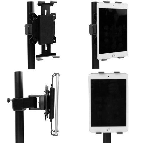 Duronic Tablet Holder shown from multiple angles with a white tablet securely attached.