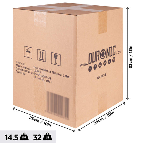 Duronic Thermal Labels box showing 10 by 13 inch dimensions, weighing 32 pounds, containing thermal labels.