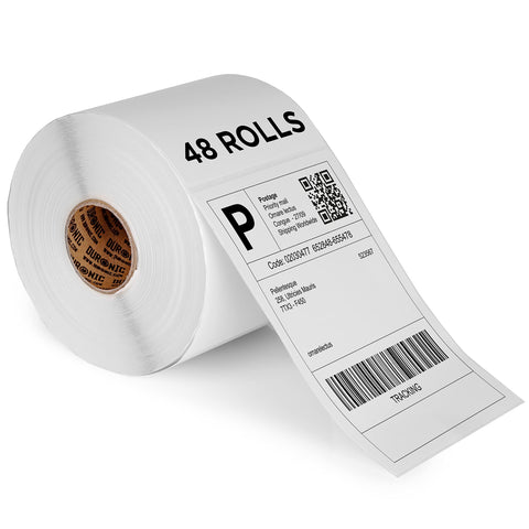 Duronic Thermal Labels featuring a printed "48 ROLLS" text and a sample postage label with barcodes and a QR code.
