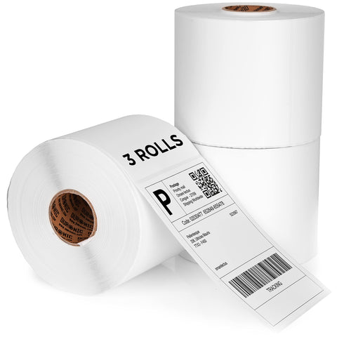 Duronic Thermal Labels showing one roll unravelling a barcode label.