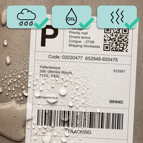 Duronic Thermal Labels shown with water droplets beading on its surface to demonstrate its water, oil, and scratch-resistant properties.