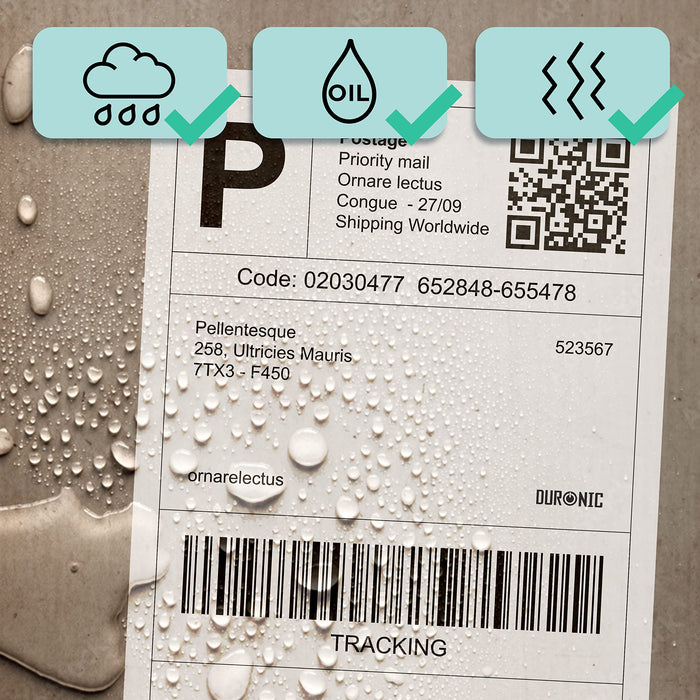 Duronic Thermal Labels with green checkmarks indicating resistance to water, oil, and smudging.