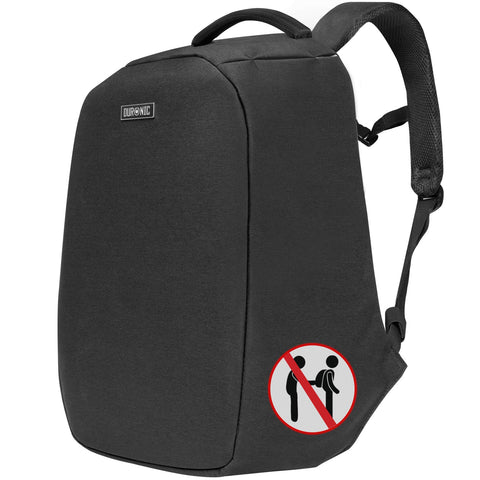 Duronic Travel Laptop Backpack featuring a sleek, minimalist design and an integrated pickpocket prevention icon.
