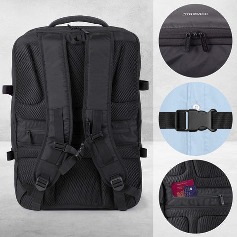 Duronic Travel Laptop Backpack featuring padded shoulder straps, sternum strap, and anti-theft pocket.