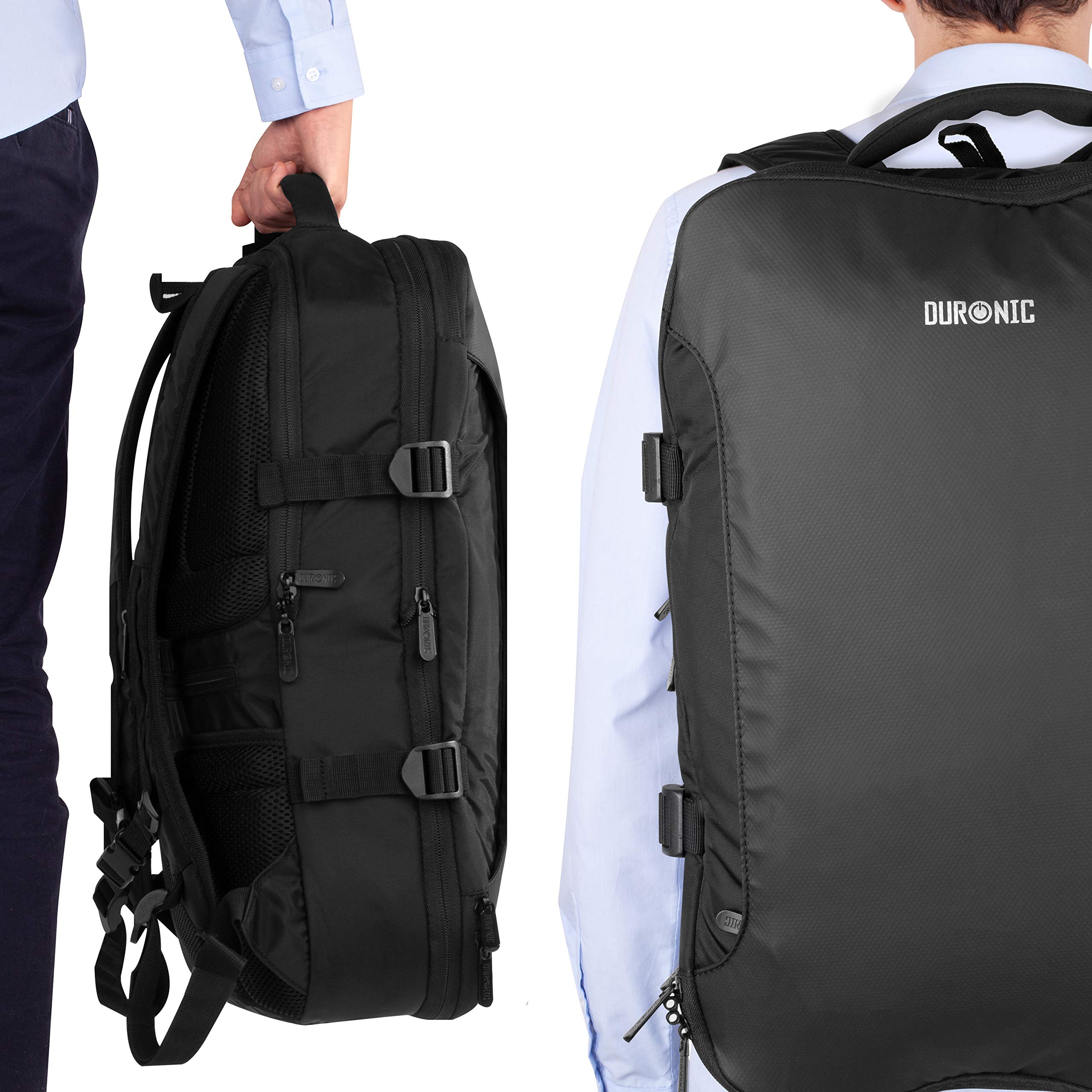 Duronic Travel Laptop Backpack shown being carried by hand and worn on a person's back.