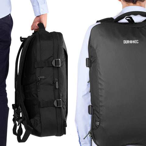Duronic Travel Laptop Backpack shown being carried by hand and worn on a person's back.