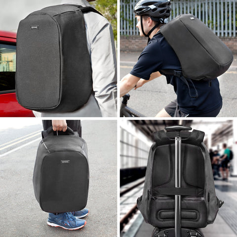 Duronic Travel Laptop Backpack shown being worn, carried, and attached to luggage handle.