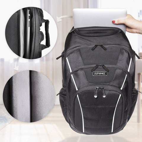 Duronic Travel Laptop Backpack with multiple zippered compartments and thick protective padding for a laptop.