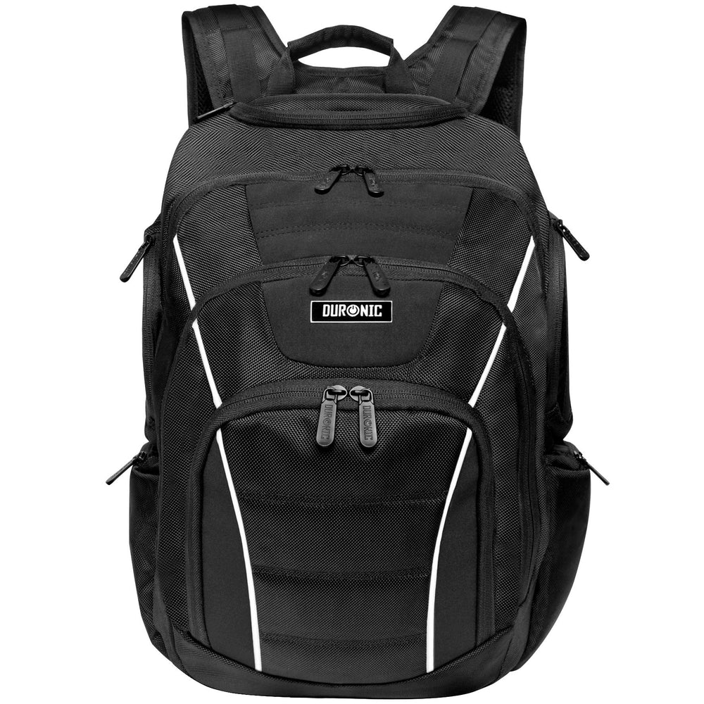 Duronic Travel Laptop Backpack with multiple zippered compartments and white reflective striping for daily commuting.