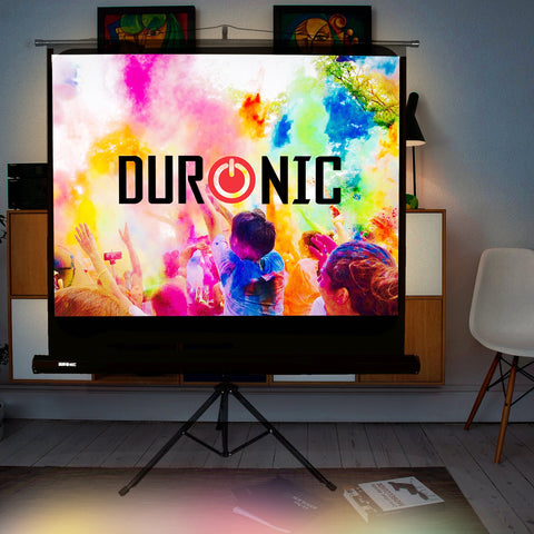 Duronic Tripod Projector Screen displaying a vibrant, colorful crowd scene in a room.