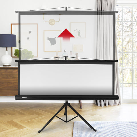 Duronic Tripod Projector Screen extending upwards in a modern living room setting.