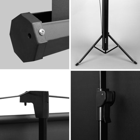 Duronic Tripod Projector Screen with Four detailed views of a black tripod projector screen stand mechanism
