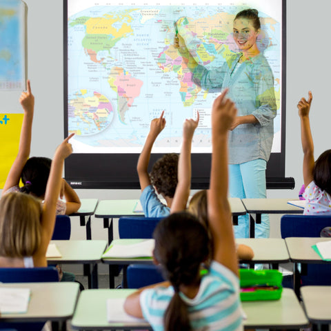 Duronic Tripod Projector Screen with a smiling teacher pointing at a world map
