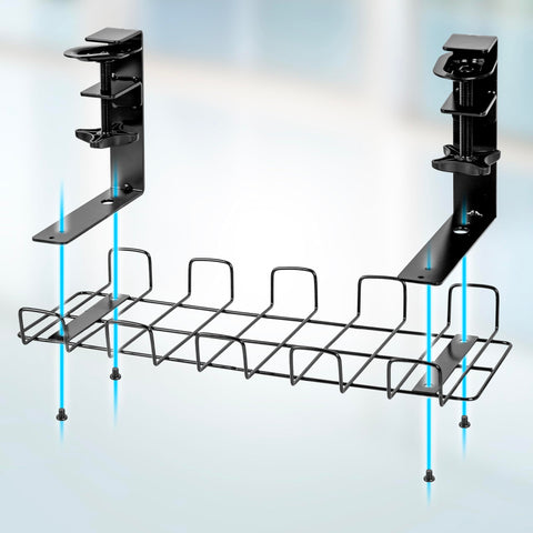 Duronic Under Desk Cable Management  featuring two black C-clamp mounts and a wire mesh basket designed for drill-free installation.